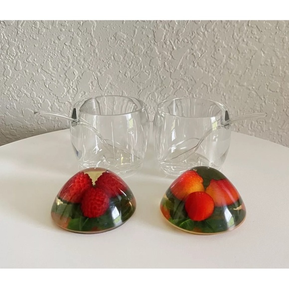 Vintage Lucite Condiment Jars by Stokes Perspex w/Fruit Enclosed Lids & Spoons - Picture 3 of 8